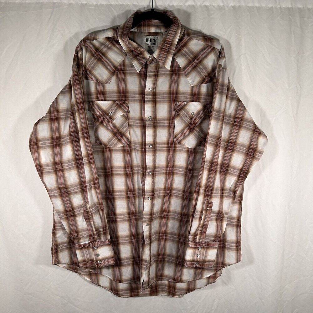 Fly Cattleman Shirt Men's XXL Brown White Plaid Pearl Snap Long Sleeve